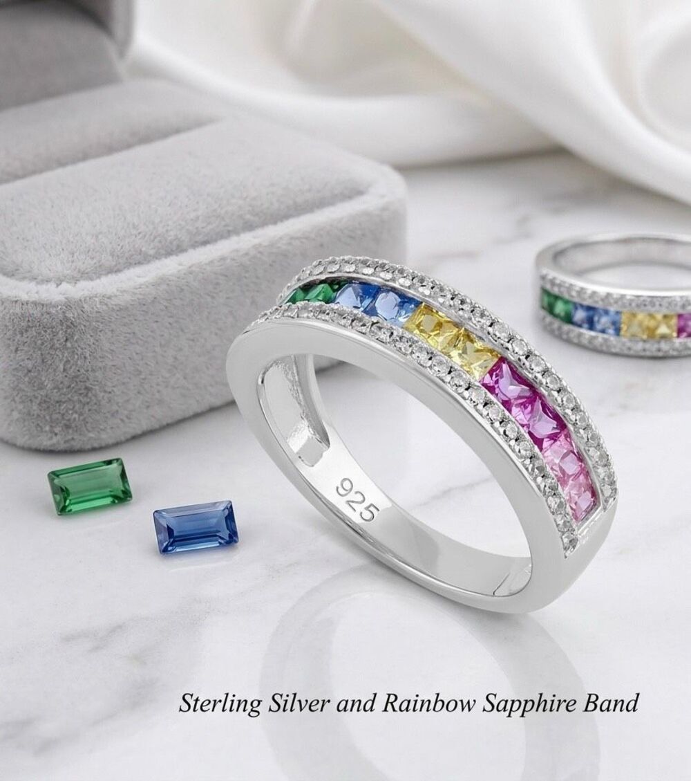 Sterling Silver Rainbow Sapphire Multi Gemstone Eternity Band Ring Size 8 New